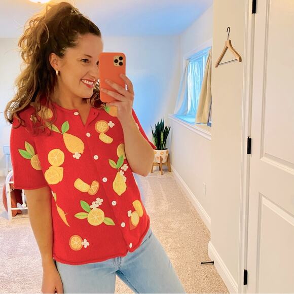 Vintage Y2K Susan Bristol Lemon Fruit Cotton Sweater Large - Picture 1 of 15